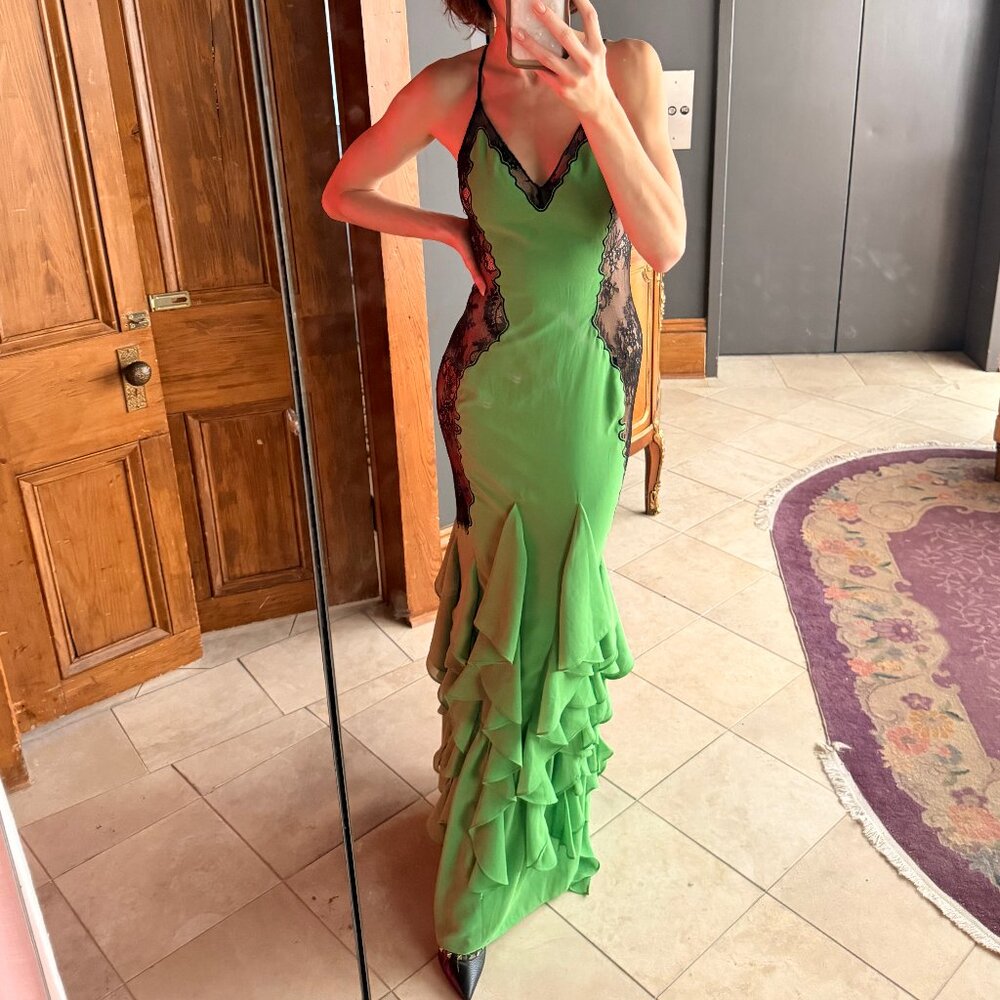 NBD Kelly Green Ruffle Dress with Black Lace Cutout